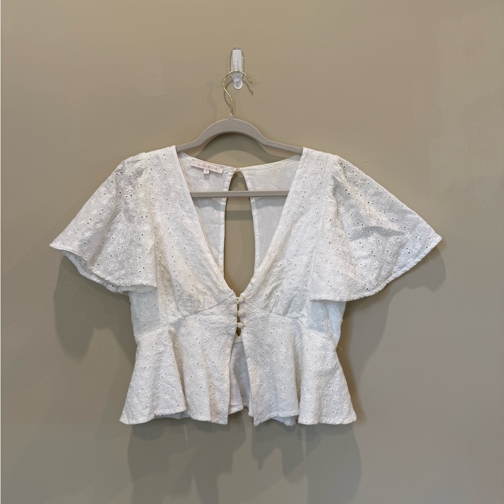 Olivaceous White Eyelet Blouse with Peplum